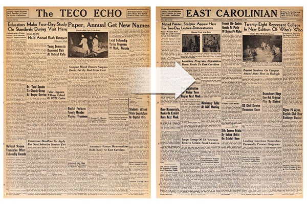 Two old newspapers. The first says "The teco Echo" while the enxt says "The East Carolinian".