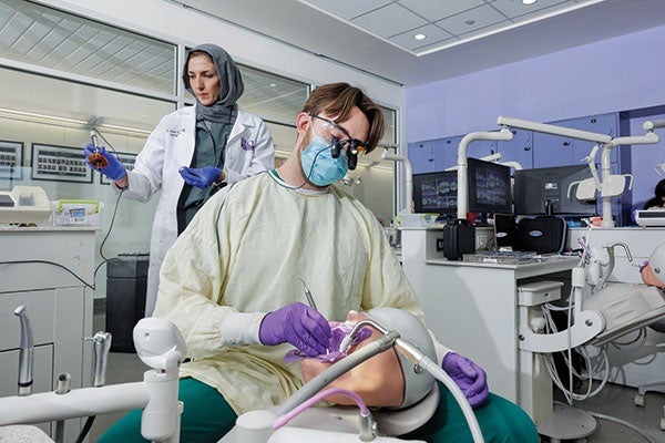 Two students in dental gowns operate on a model.