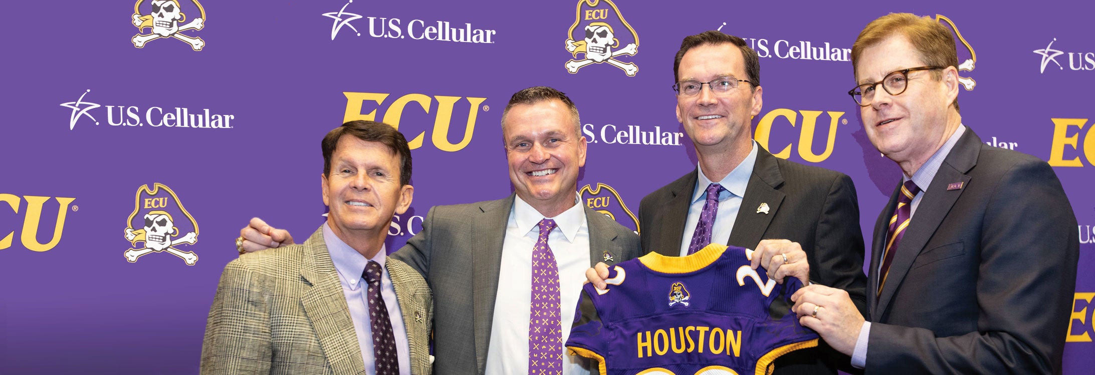 From left, Dave Hart, special advisor to the chancellor for athletics, football coach Mike Houston, athletic director Jon Gilbert, and Chancellor Cecil Staton are shown during Houston’s introductory news conference Dec. 4 in the Murphy Center. Photo by Cliff Hollis.