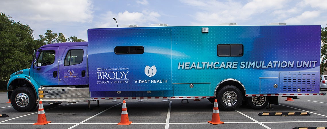 The mobile unit, above, features a fully equipped resuscitation bay and high-fidelity mannequins.