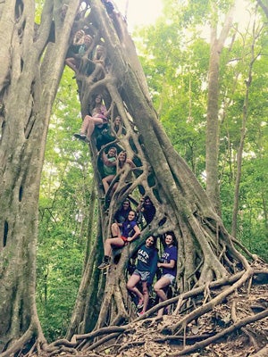 Student Jessica Emerine and friends climb vines in Costa Rica.