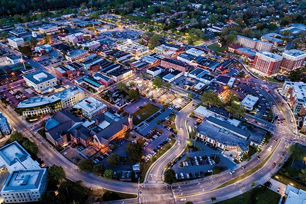 An aerial view of uptown Greenville.