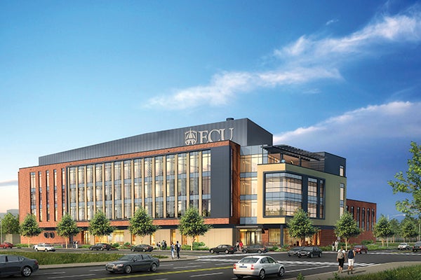 Above is an artist’s concept of the new ECU Life Sciences and Biotechnology Building to be built near the corner of Evans and 10th streets. 