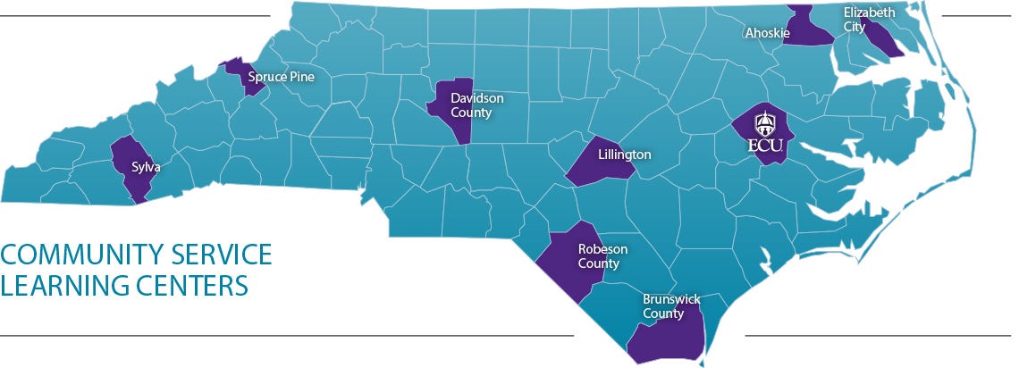 Community Service Learning Centers are located in Sylva, Spruce Pine, Davidson County, Lillington, Robeson County, Brunswick County, Ahoskie, Elizabeth City, and at ECU in Greenville.