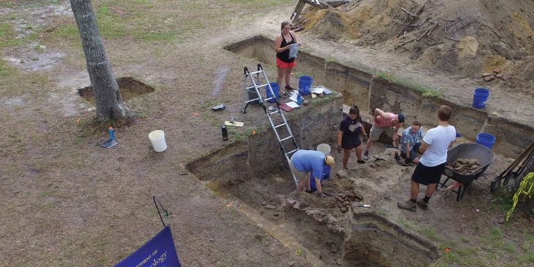 Drone footage shows ECU students working at the Brunswick Town dig site.