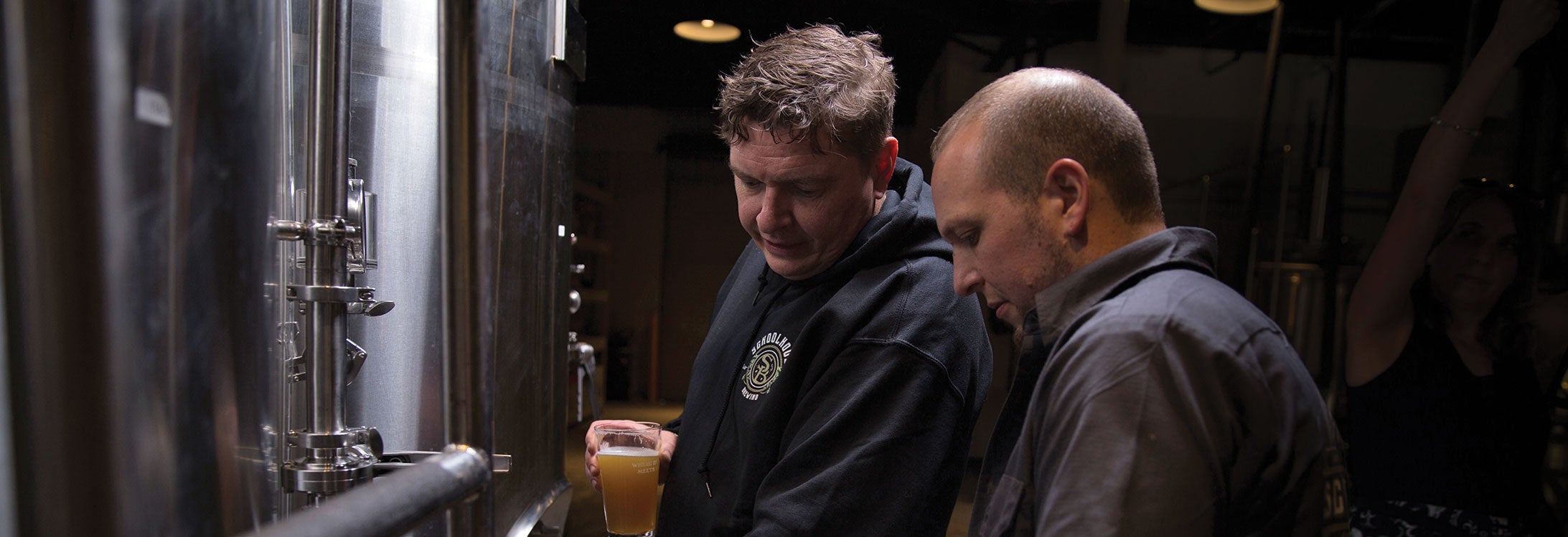 Thomas Monti, left, and Justin Waller opened Schoolhouse Brewery last year