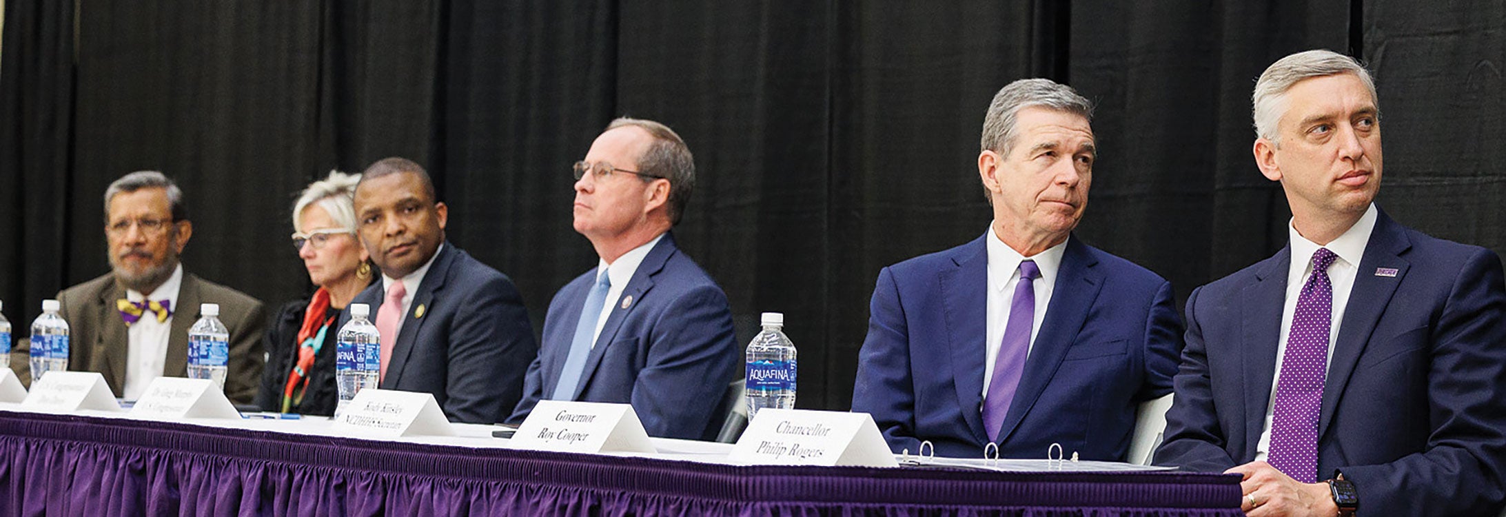 From left, Dr. Sy Saeed of ECU, Anita Bachmann of UnitedHealthcare Community Plan of North Carolina, U.S. Rep. Don Davis, U.S. Rep. Greg Murphy, Gov. Roy Cooper and ECU Chancellor Philip Rogers were at ECU for the Feb. 14 announcement.