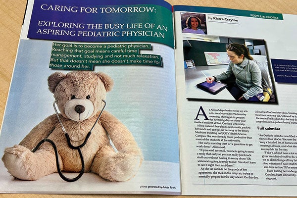 A magazine spread featuring a teddy bear alongside a stethoscope, symbolizing care and comfort in healthcare.