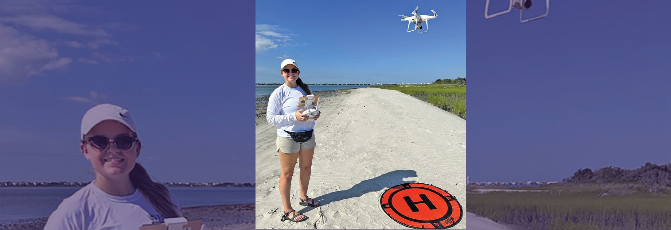 Graduate student Sarah Pettyjohn flies a drone to take photos of Sugarloaf Island.