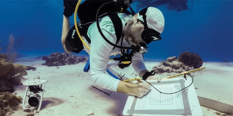 A diver investigating a plaque